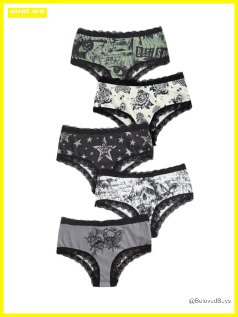WDIRARA Women's 5 Pack Lace Trim Triangle Briefs Skull Rose Panties
